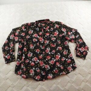 Torrid Button Up Top Womens 1X Floral Skull Print Black Print